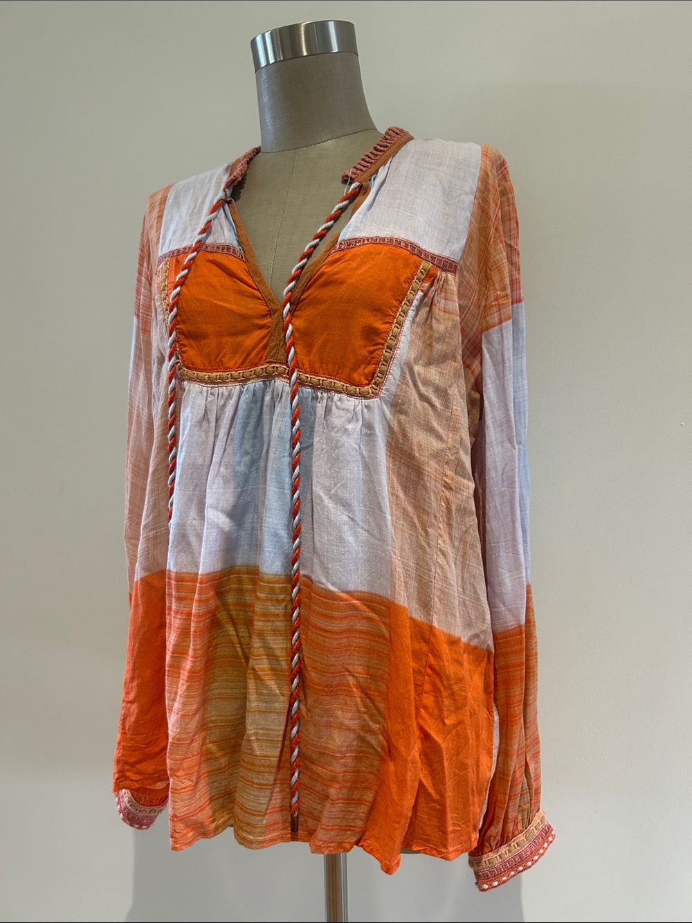 Anthropologie Orange and White Boho Tunic with Braided Ties